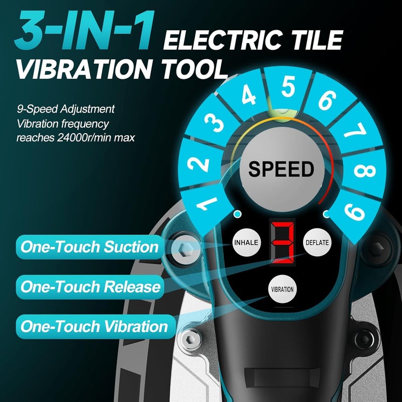 CAMXTOOL 3-In-1 Tile Vibration Tool with 2×2.0Ah Battery, Portable Cordless Tile Vibration Tool with 8.8'' Suction Cups Max 550lb, 9-Speed Adjustment, 24000 RPM, for Floor & Wall Tiles Installation - Image 3